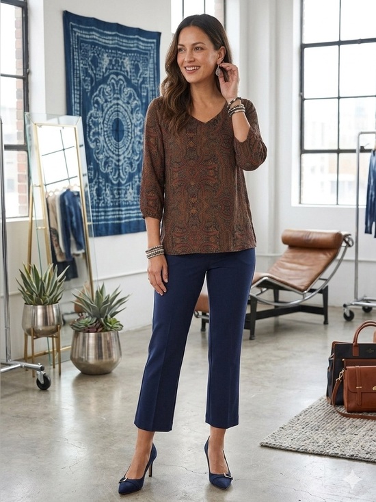 MAST 1883 Tops - Patterned V-Neck 3/4 Sleeve Women's Top - Brown Paisley Print